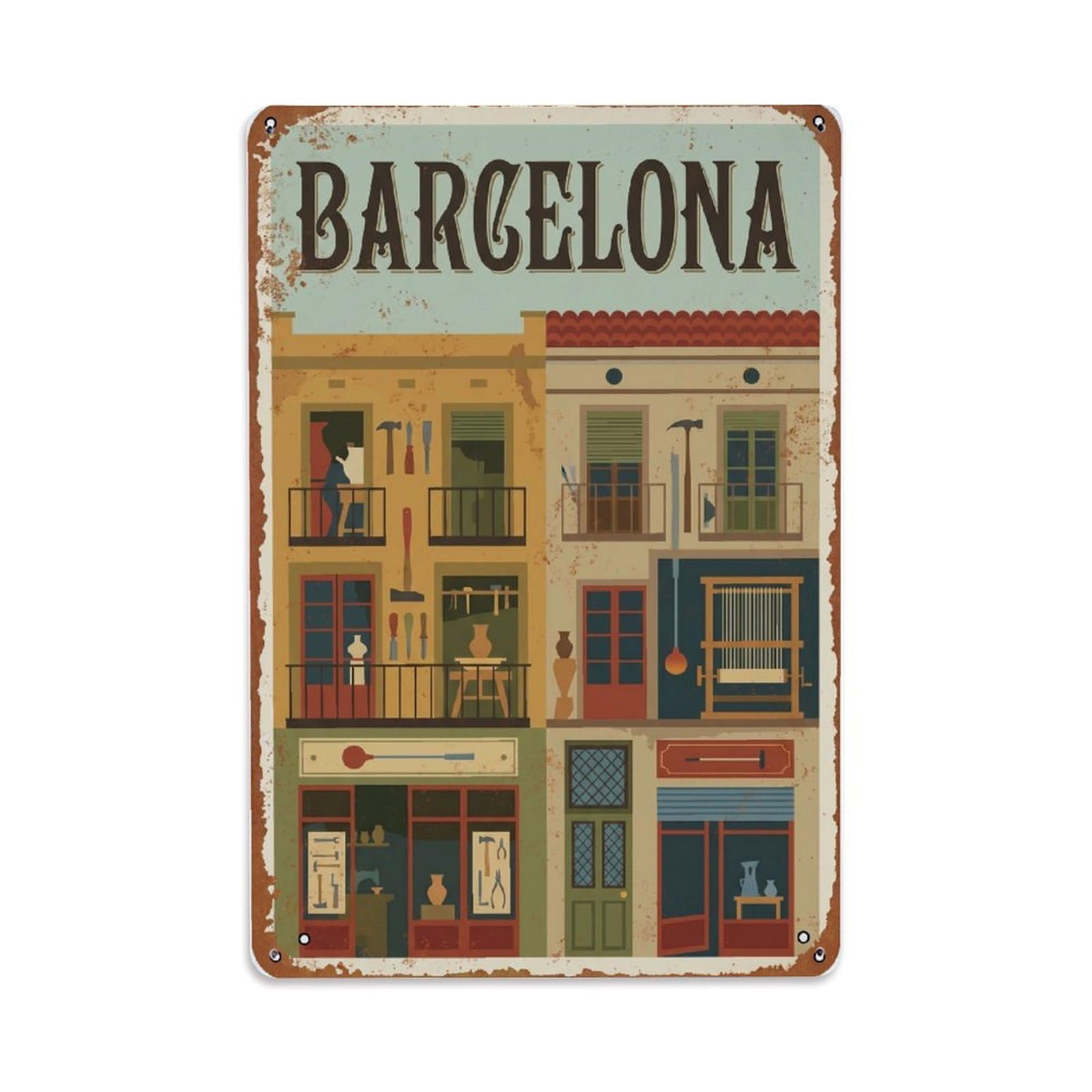 Fqnyr Style Vintage Travel Workshops Spain Artisan Metal Tin Sign Plaque Wall Decor For Cafe, Club Bar, Office, Home Garden Metal Poster 8X12inch
