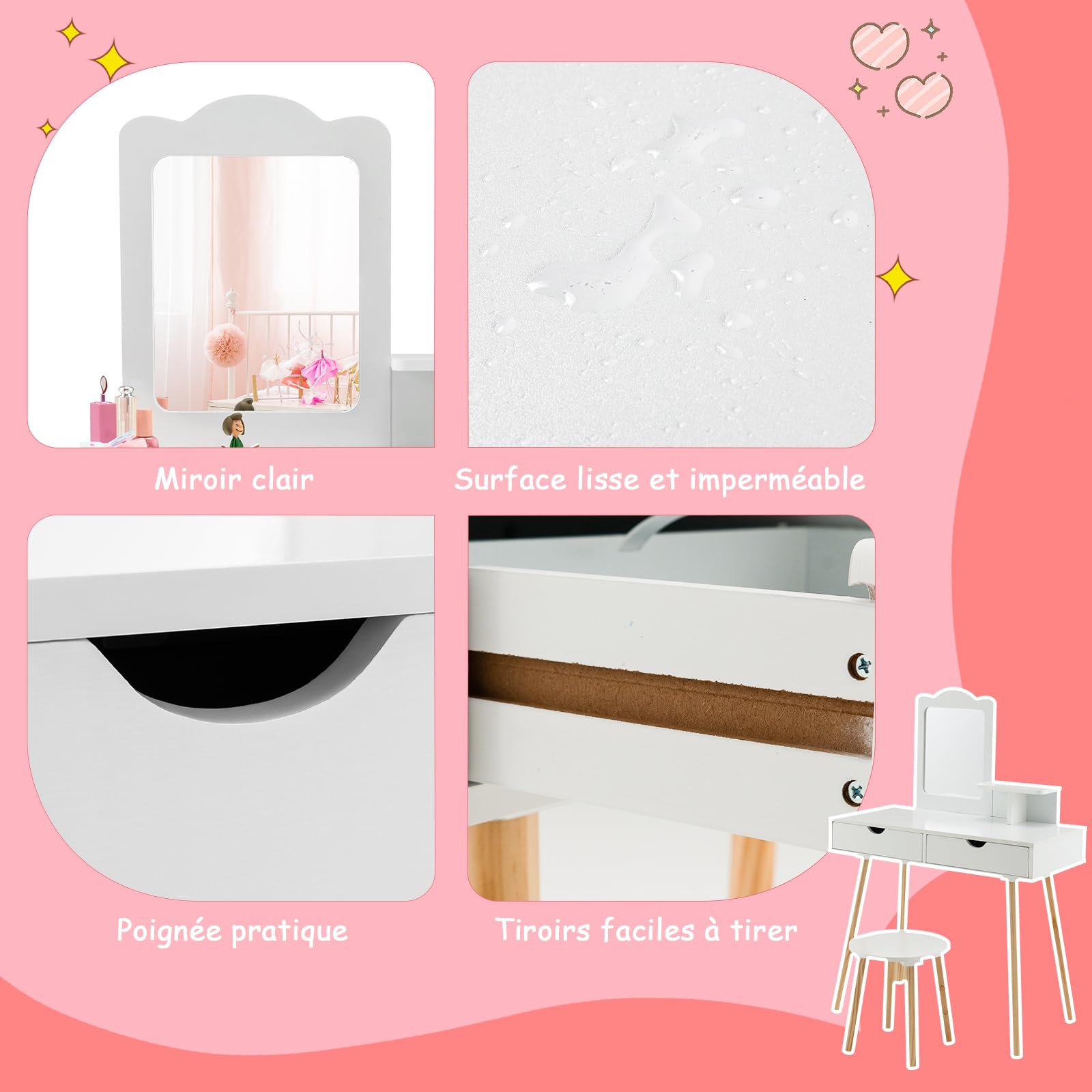 DREAMADE Coiffeuse Enfants Fille 3-7 Ans avec Tabouret Bureau d'Écriture 2 en 1 avec Miroir Carré Amovible&2 Tiroirs Table de Maquillage Princesse Charge 20+40 KG (Blanc)