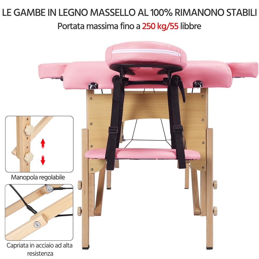 Yaheetech Lettino da Massaggio Portatile a 3 Zone Pieghevole in Legno Faggio 213 x 57 cm Altezza Regolabile con Poggiatesta Rosa