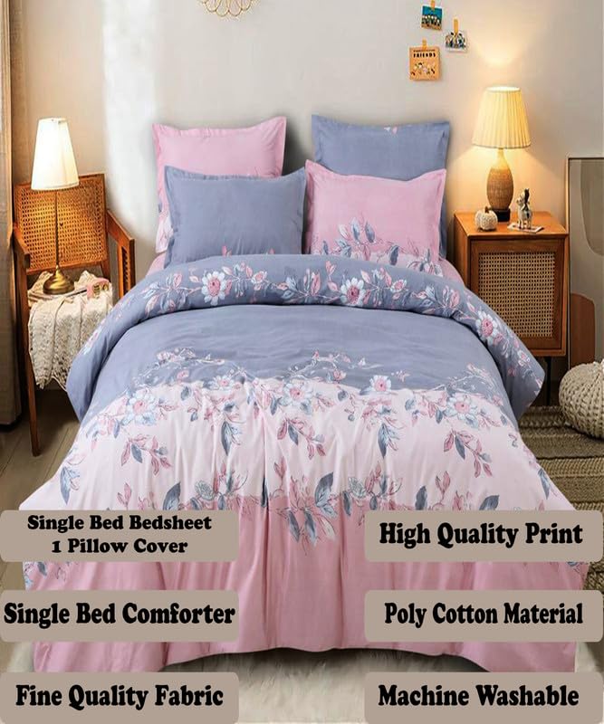Image of Polycotton Printed 120 TC Comforter & Bedsheet Single Bed Bedding Set, Queen Size (60x90 inch), Pink & Blue, 3 Pieces