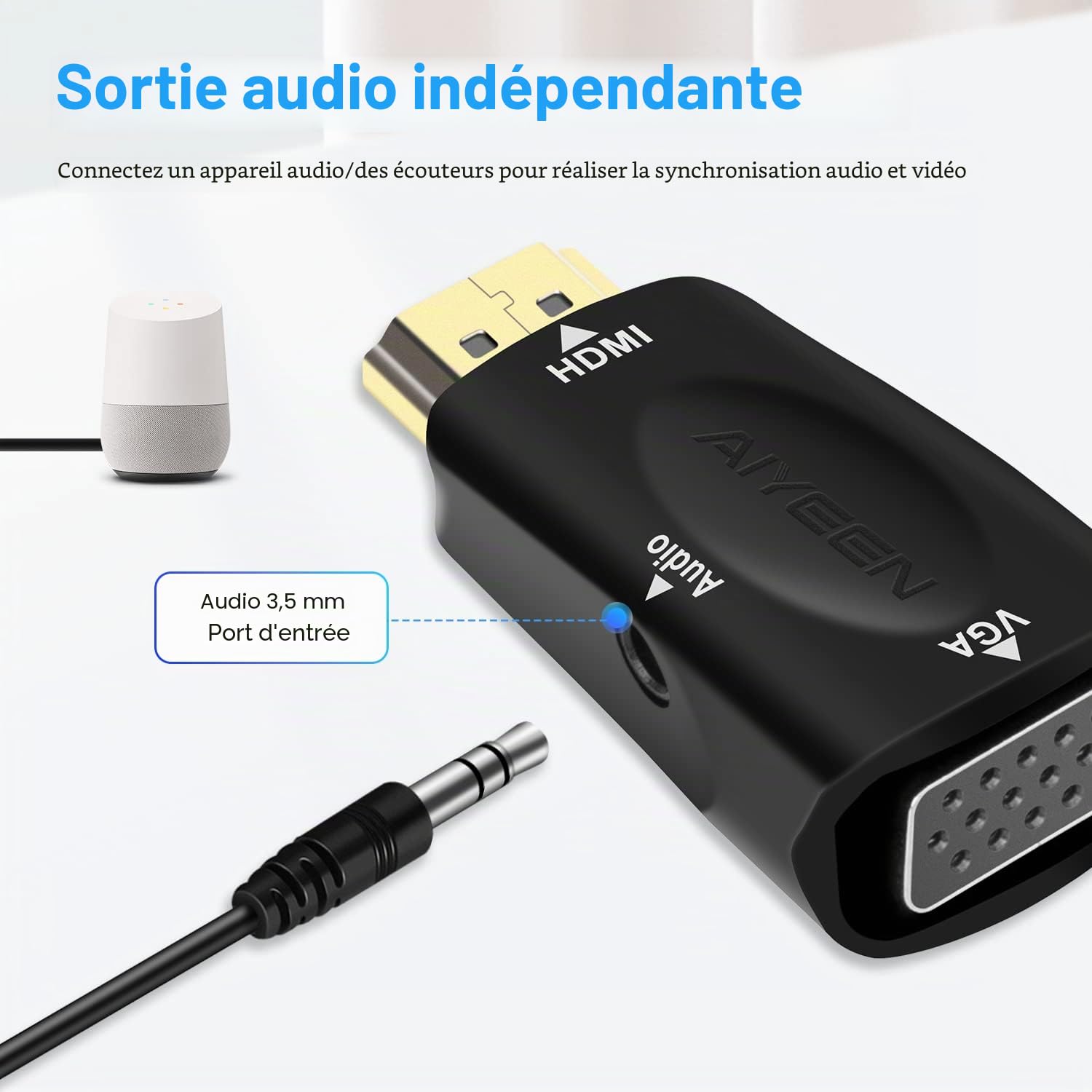 Adaptateur HDMI vers VGA Mâle Femelle 1080p avec Jack Audio 3.5mm Compatible