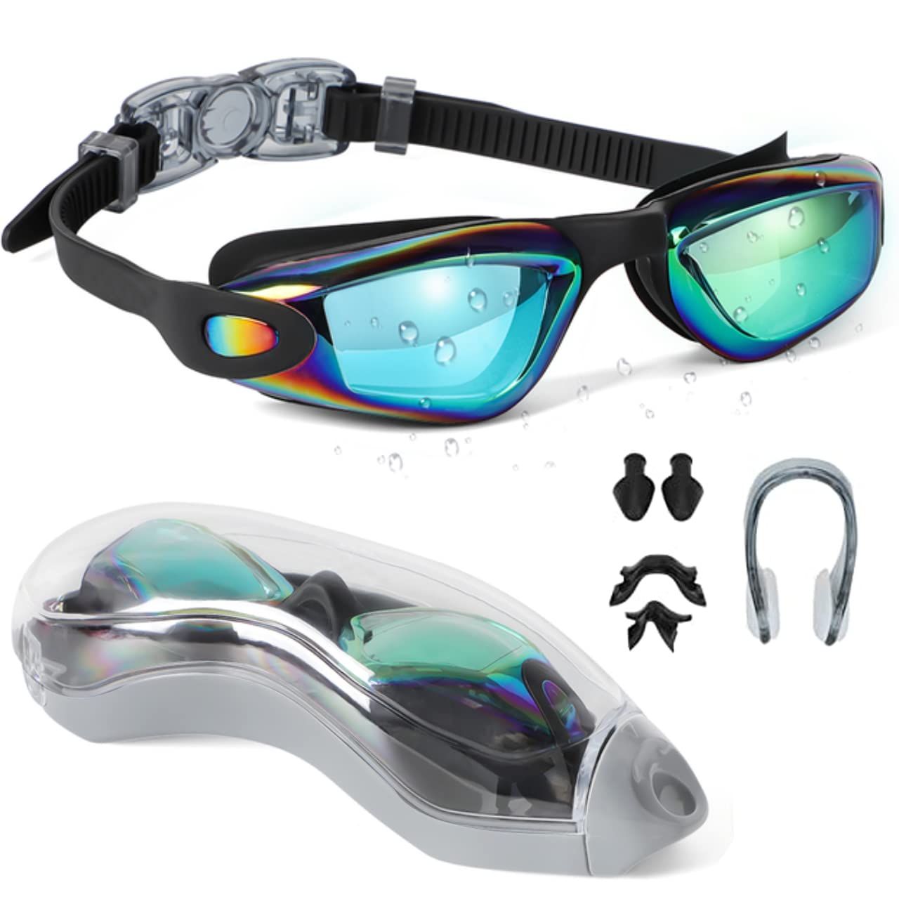 Gafas de Natación, Gafas Piscina Antivaho Protección UV, Gafas de Natación Unisex con Pinzas para la Nariz y Tapones para los oídos, Gran Angular de 180°, Gafas de Buceo para Mujer, Hombre, Adultos