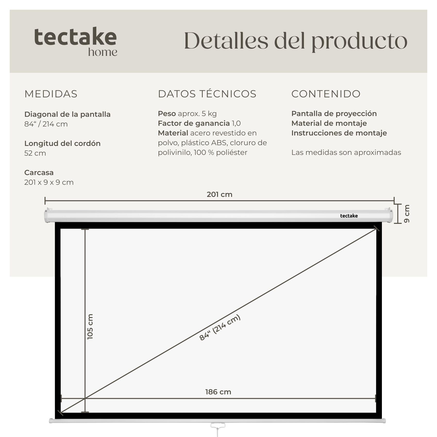tectake® Pantalla Proyector Enrollable 84 Pulgadas16:9 para Instalación en Pared o Techo, Pantalla para Proyector HD, Tela Proyector Extensible y Lavable - 201 x 128 cm