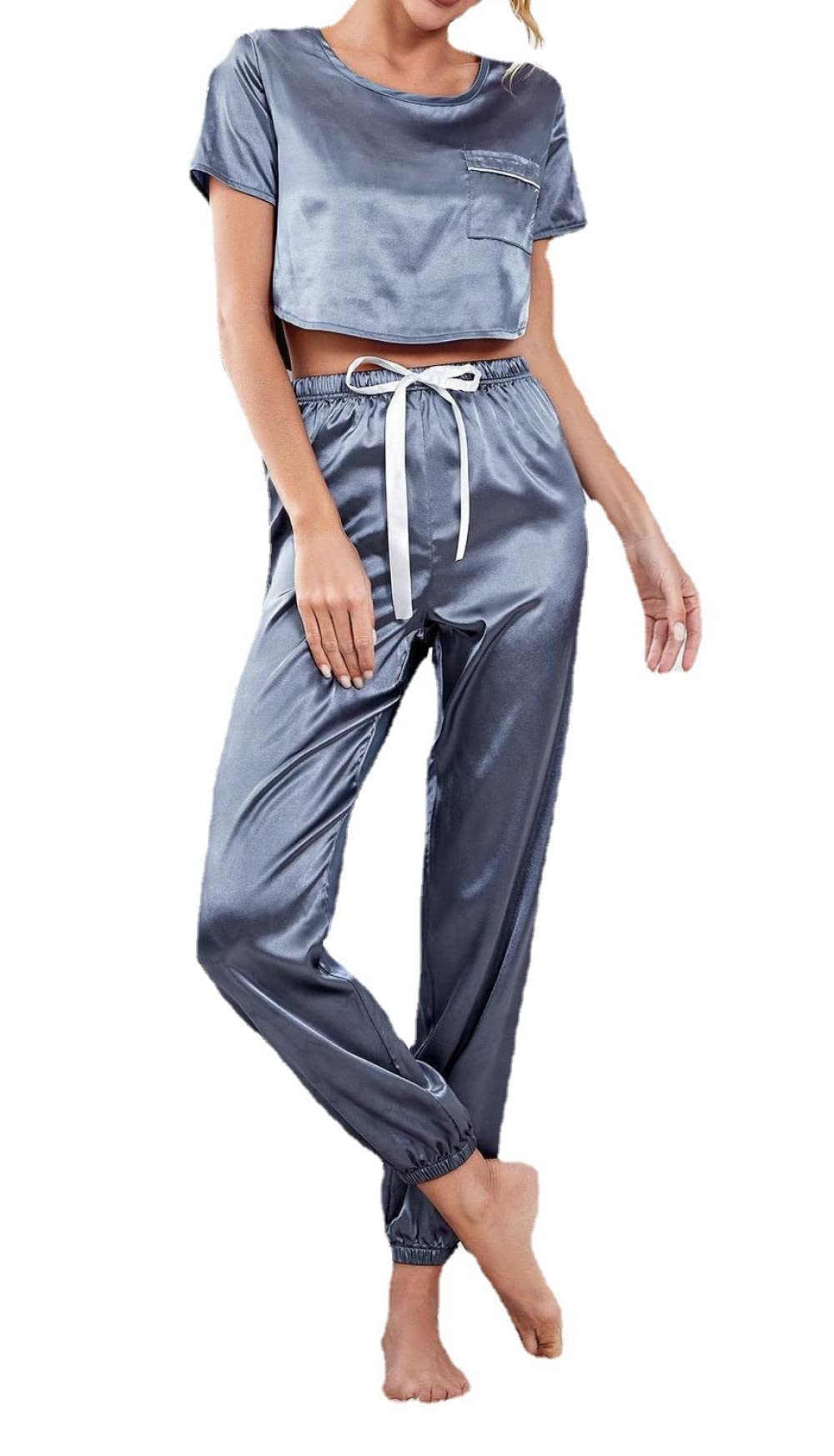 Pijama De Mujer Manga Corta,Pijama De Manga Corta para Mujer con Cuello Redondo Azul Ahumado, Conjunto De 2 Piezas, Pijama Suave Y Cómodo para Mujer, Ropa De Descanso, Regalo del Día De La Madre P