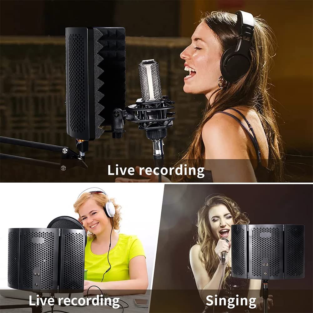 Mikrofonisolationsschild 3/5-Panel-Popfilter aus Metall, faltbares tragbares Mikrofon schallabsorbierender Schaumstoff Tisch-Akustikgehäuse für Studio-Gesangsaufnahmen, Podcasts, Gesang, Rundfunk