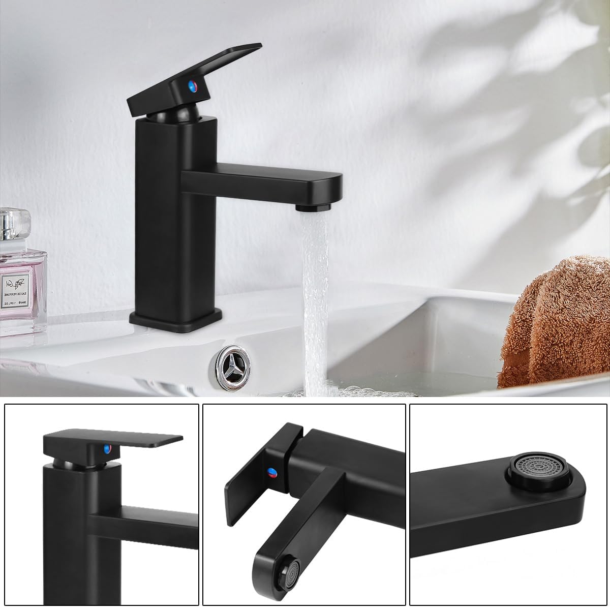Robinet Salle Bain Noir, Mitigeur Lavabo en Alliage avec L'eau Froide et Chaude Disponible, Robinet Lavabo avec Deux Tuyaux, pour Les Toilettes, La Salle de Bain (C)