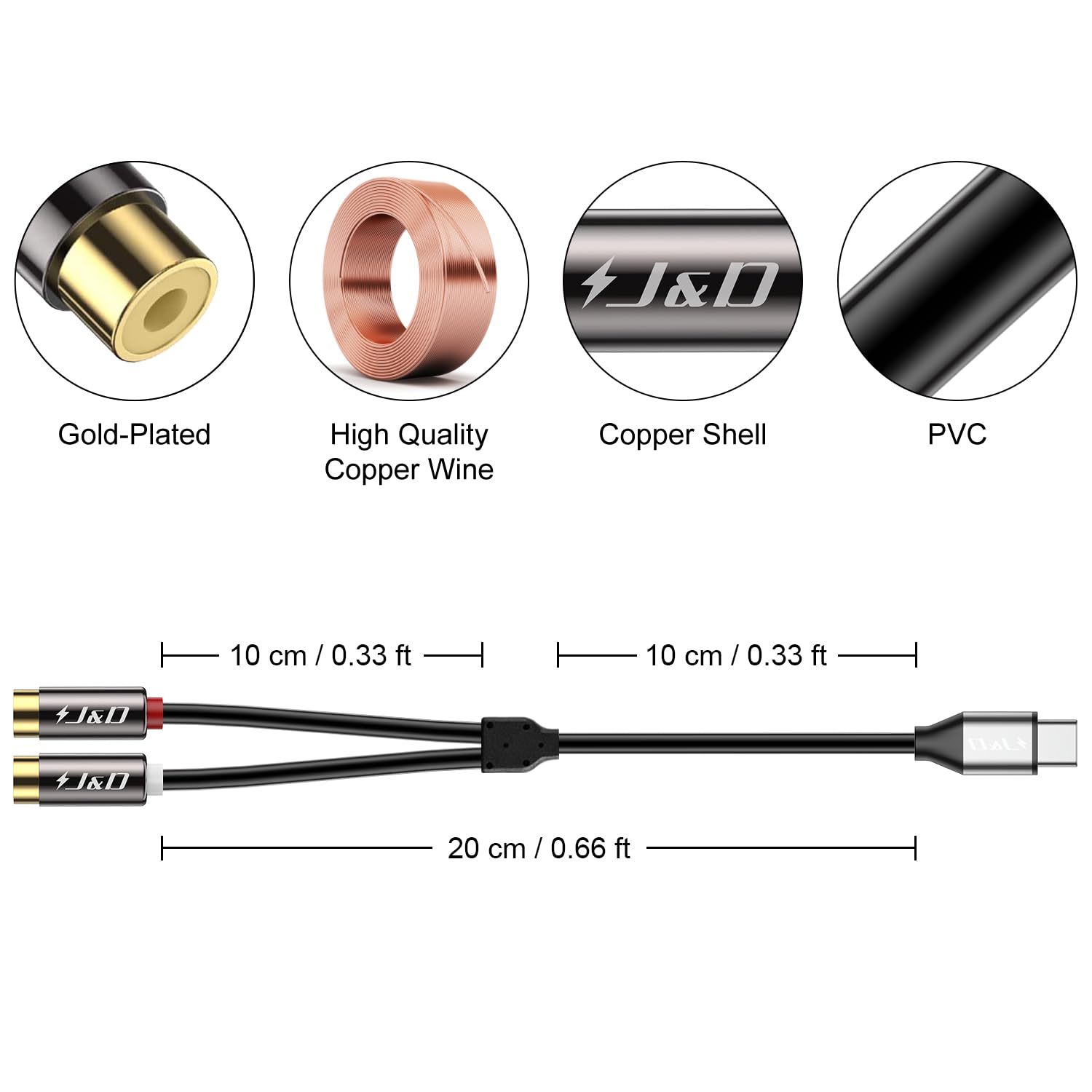 J&D USB C do 2 RCA żeńskie Przewód Audio, Pozłacany Przedłużacz RCA Y Splitter, Kompatybilny z iPhone 16/17 Series, Galaxy S23/S24/S25, Systemy Kina Domowego, 0,2 m