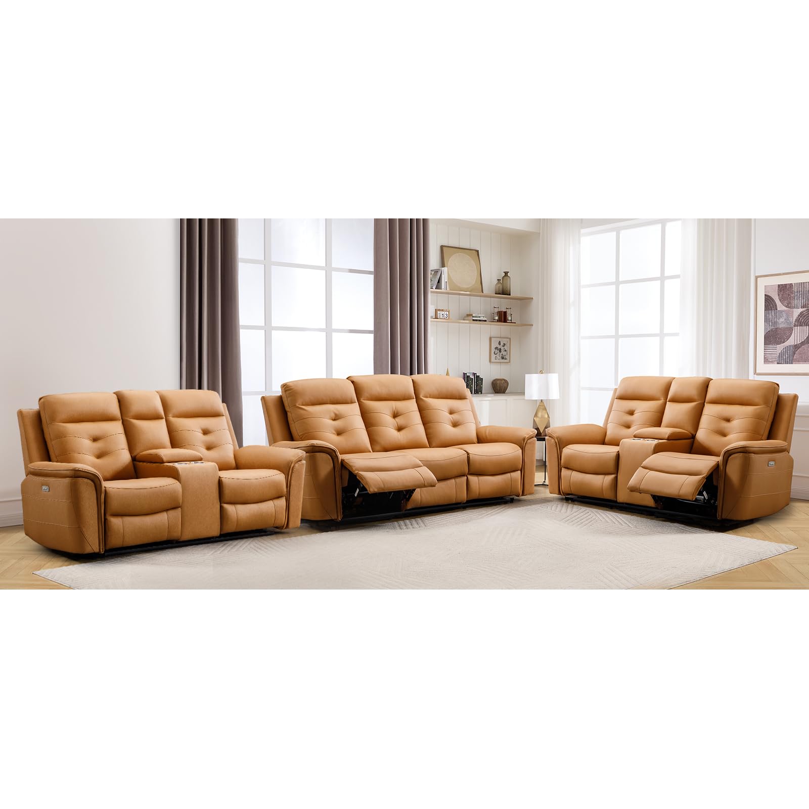 ANJ 3-Piece Faux Leather Power Recliner Sofa Set with USB Charging Ports, Include 2 Loveseat Sofas with Hidden Storage &amp; Cup Holders and a 3-Seater Reclining for Living Room, Yellow