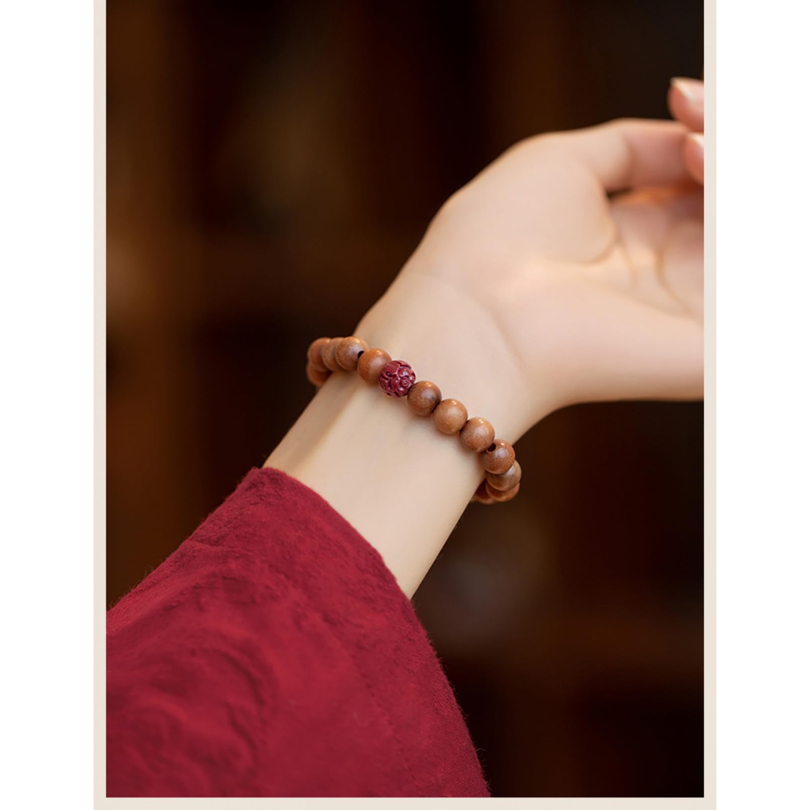 Bracciale con Perline Bracciale con Perline in Legno di pesco Bracciale da Donna con Perline di Loto Intagliato in cinabro
