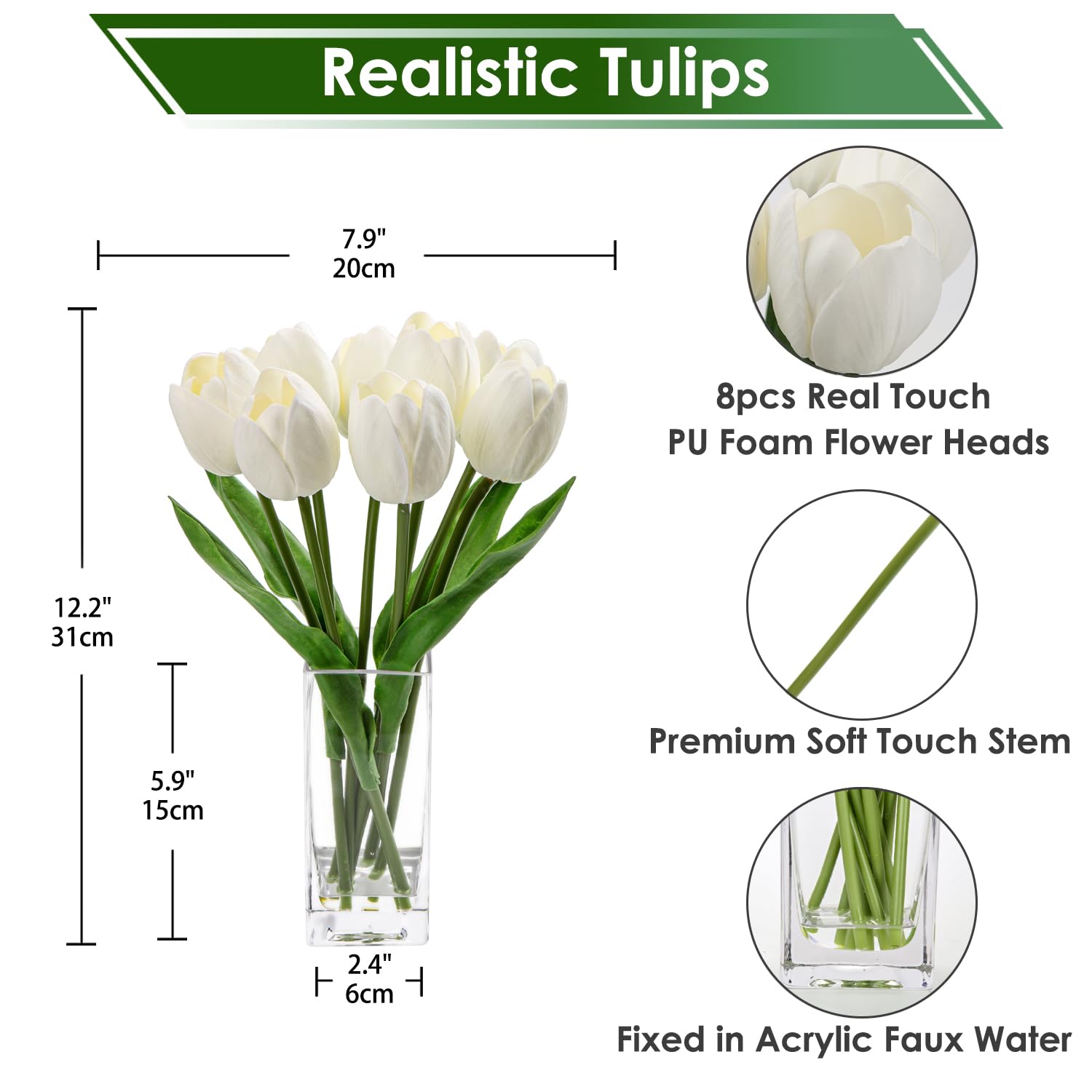 Hollyone 8PCS Artificial Tulips with Glass Vase Realistic Fake Flowers - Image 2