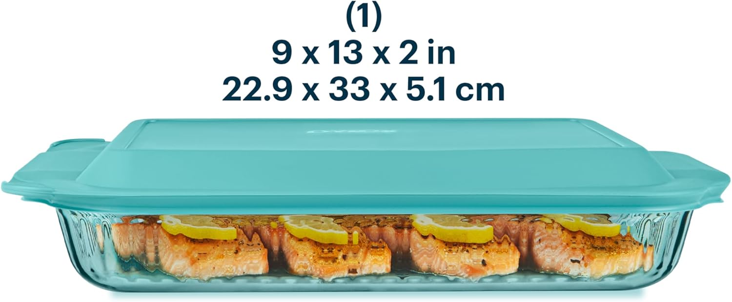 pyrex colors tinted (9"x13") tinted glass baking dish with bpa-free lid, oblong bakeware glass pan for casserole & lasagna, dishwasher, freezer, microwave and pre-heated oven safe, aqua 9x13 aqua