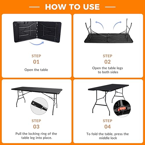 Miniatura 5 de 180CZ Mesa plegable de plástico de 6 pies, para interiores y exteriores, para picnic, campamento, barbacoa y fiesta, con patas de acero con