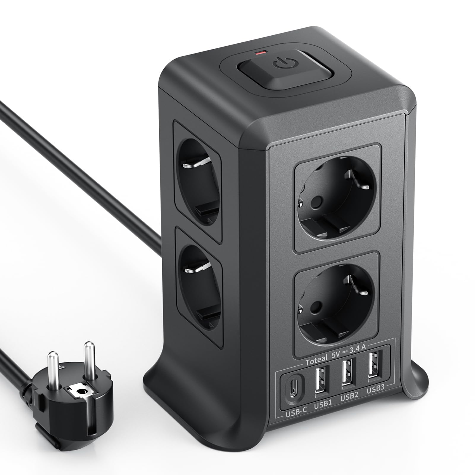 Mehrfachsteckdose mit USB C, 8 Fach Steckdosenleiste mit Schalter, Steckdose mit 4 USB, Mehrfachstecker 3M Verlängerungskabel, Steckdosenwürfel mit Überspannungsschutz für Zuhause,Büro,Küche,2500W