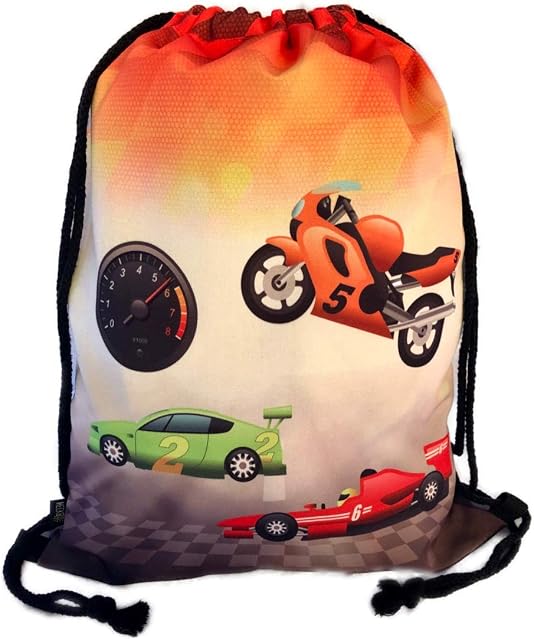 HECKBO kids racing cars gym drawstring bag - 40x32cm - 12.6" x 15.8" - string bag - kindergarten daycare crèche school football - children kids girl boy backpack, sports bag, fabric bag