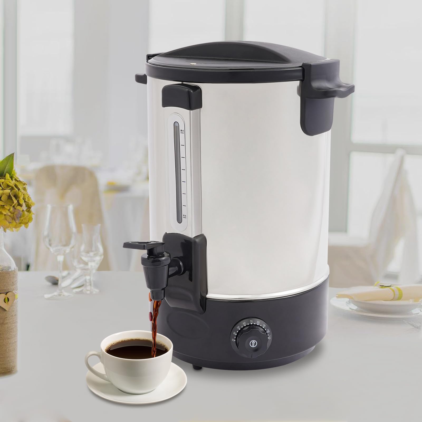 HuaShuani Electric Coffee Urn, 13L/3.43Gal Large Capacity Stainless Steel Hot Coffee Dispenser with Water Level Gauge and Temp Control, 1800W Quick-Brewing(Black)