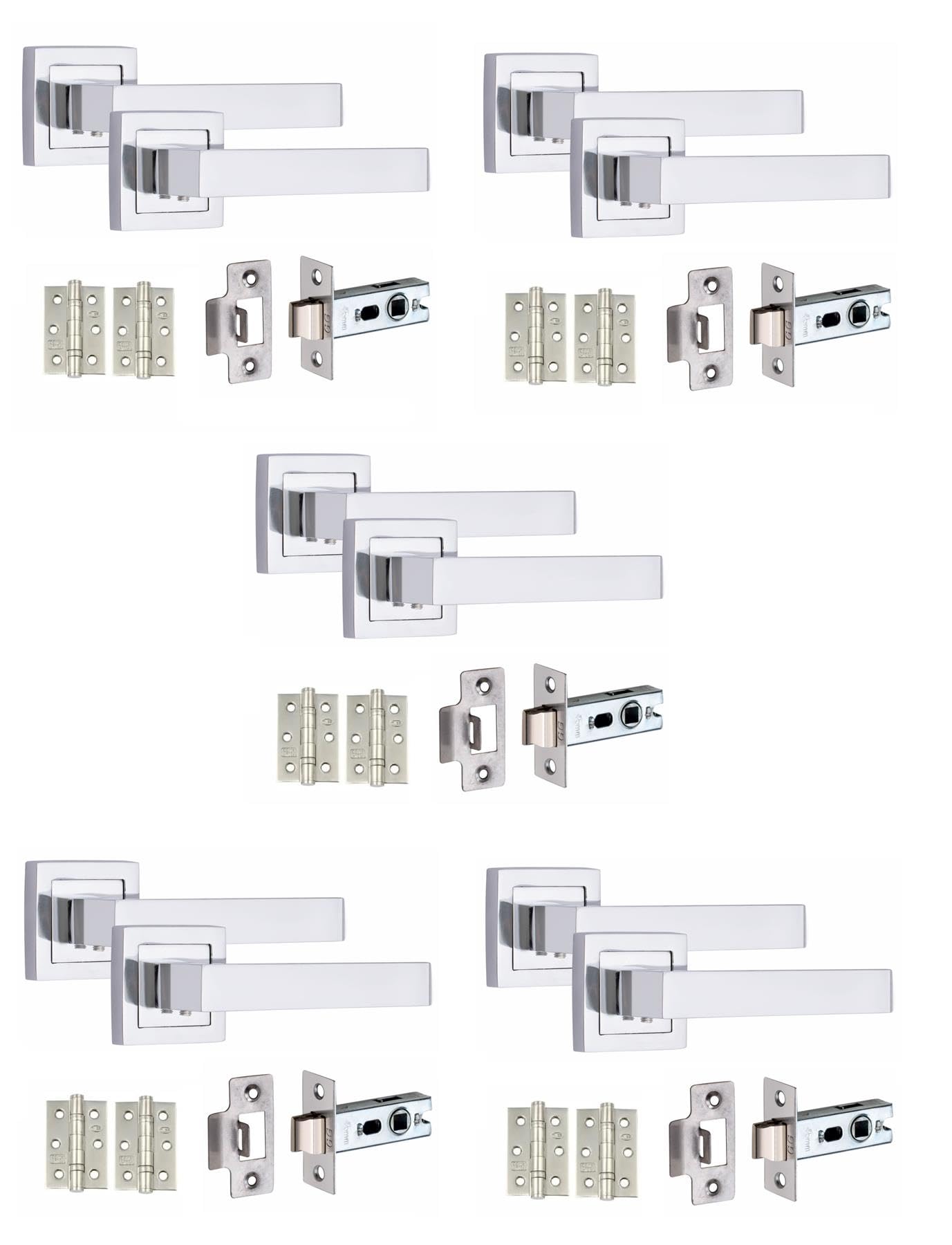 Golden Grace Premium Delta Design Door Handles on Square Rose in Polished Chrome with 2.5" Latch & 1 Pair of Ball Bearing Hinges - 5 Pairs