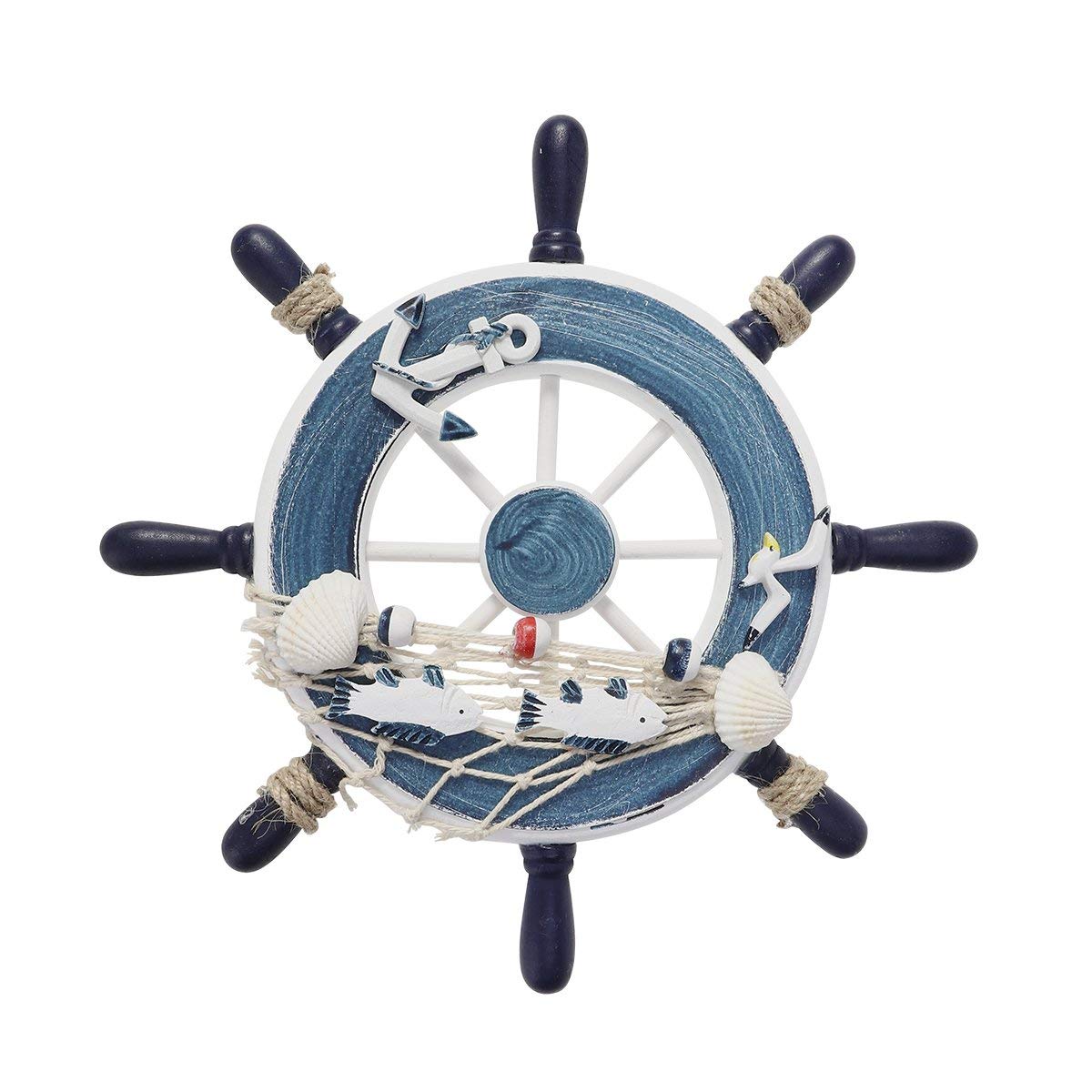 Voarge Aestm Wall Decoration Steering Wheel Wooden Steering Wheel Decoration with Fish Net Ship Steering Wheel Decoration Maritime Decoration Nautical Boat House Garden Decoration