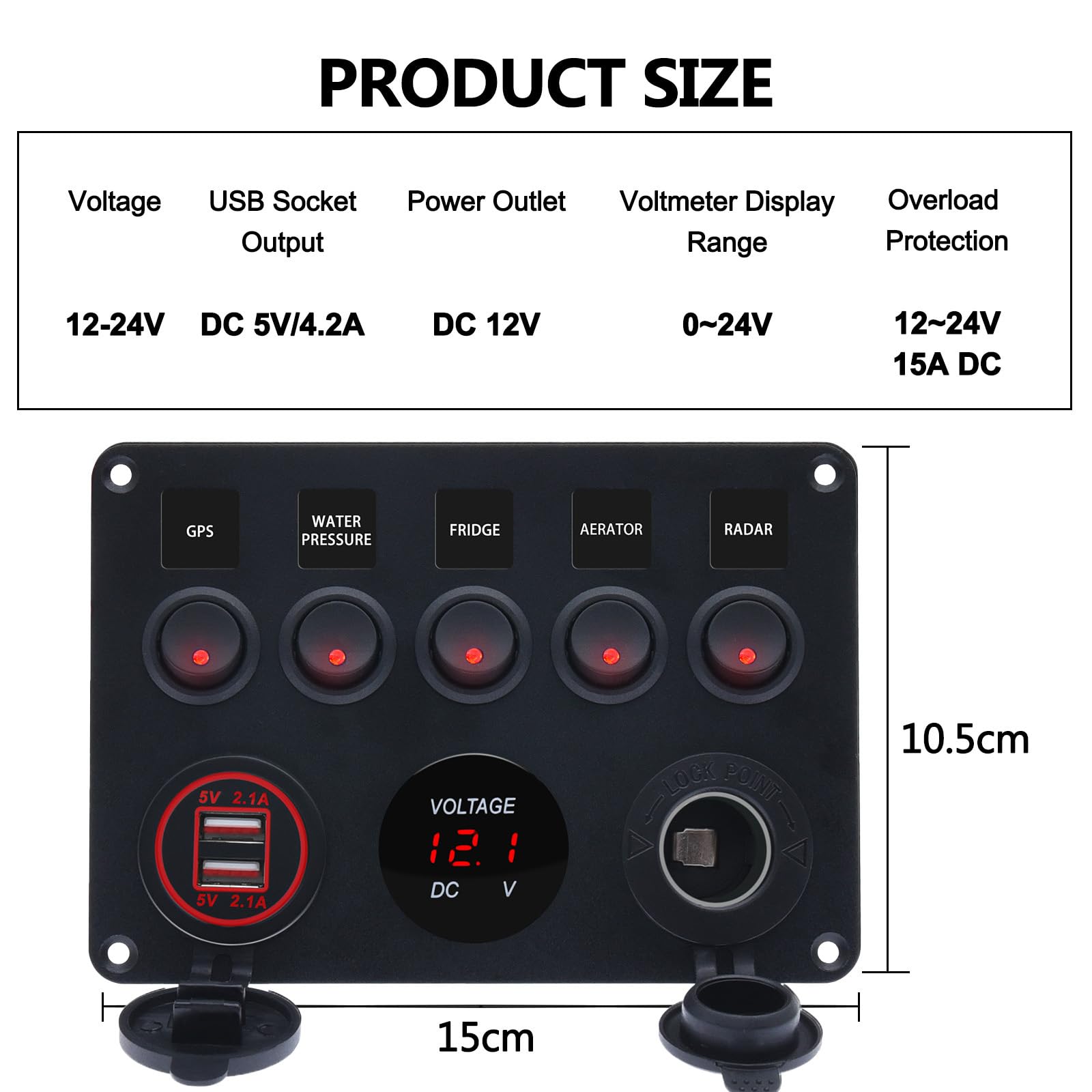 Panneau 5 Interrupteurs Étanché + Double USB 4.2A + Voltmètre LED - Pour Camping-Car, Bateau, Camion 12V/24V