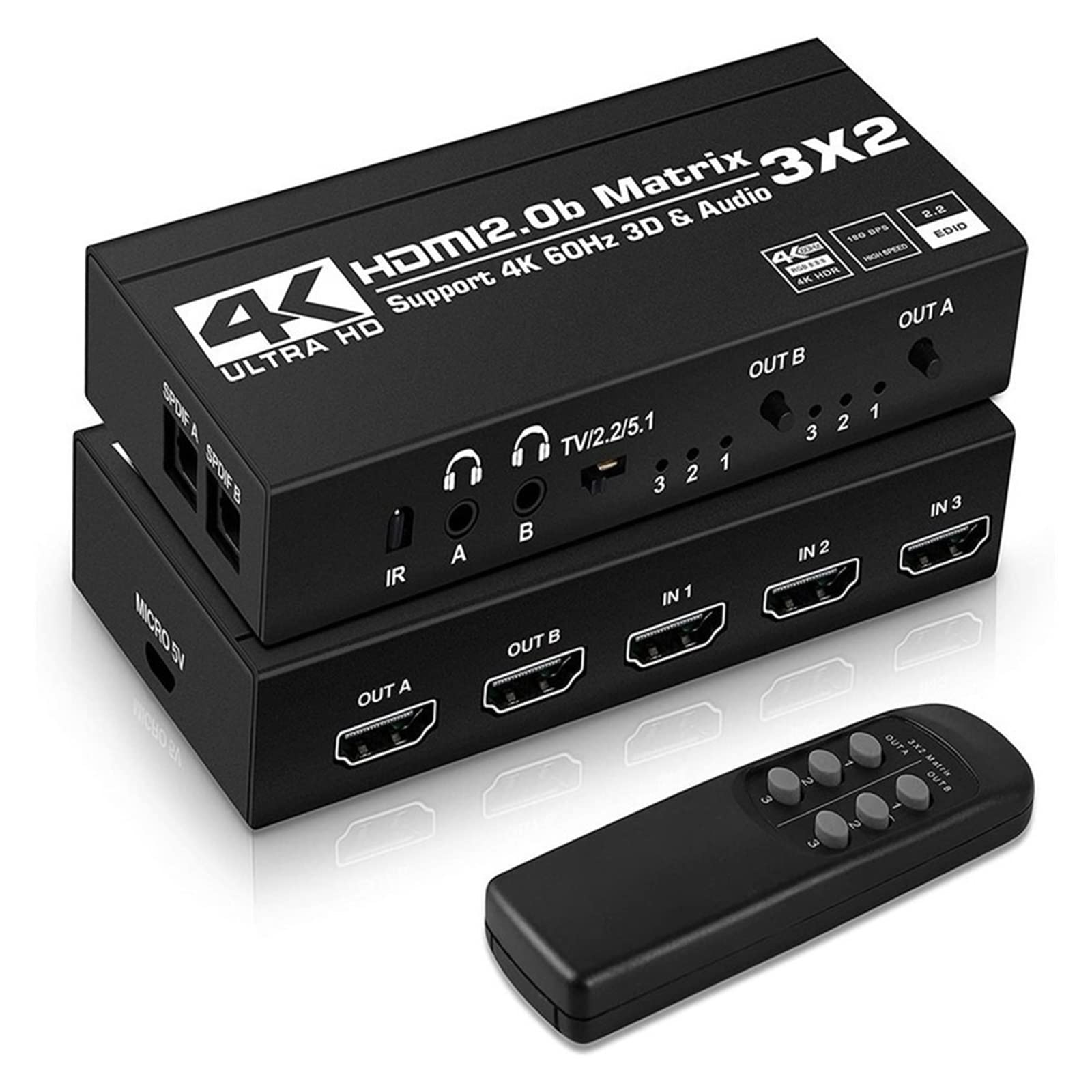HDMI-Switch-Splitter, HDMI Matrix Switch Splitter mit SPDIF und L/R 3,5 mm HDR HDMI2.0 Switch 3x2 Unterstützung HDCP 2.2 ARC 3D 4K@60Hz for PS5 Einfach einzurichten (Color : USB, Size : Small)