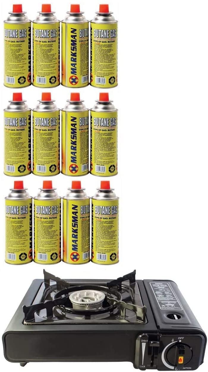 220g Butane Gas Canisters and Portable Camping Gas Cooker - Single Burner Butane BBQ Caravan Outdoor Party Stove with Carry Case (Stove + 12 x Canisters)