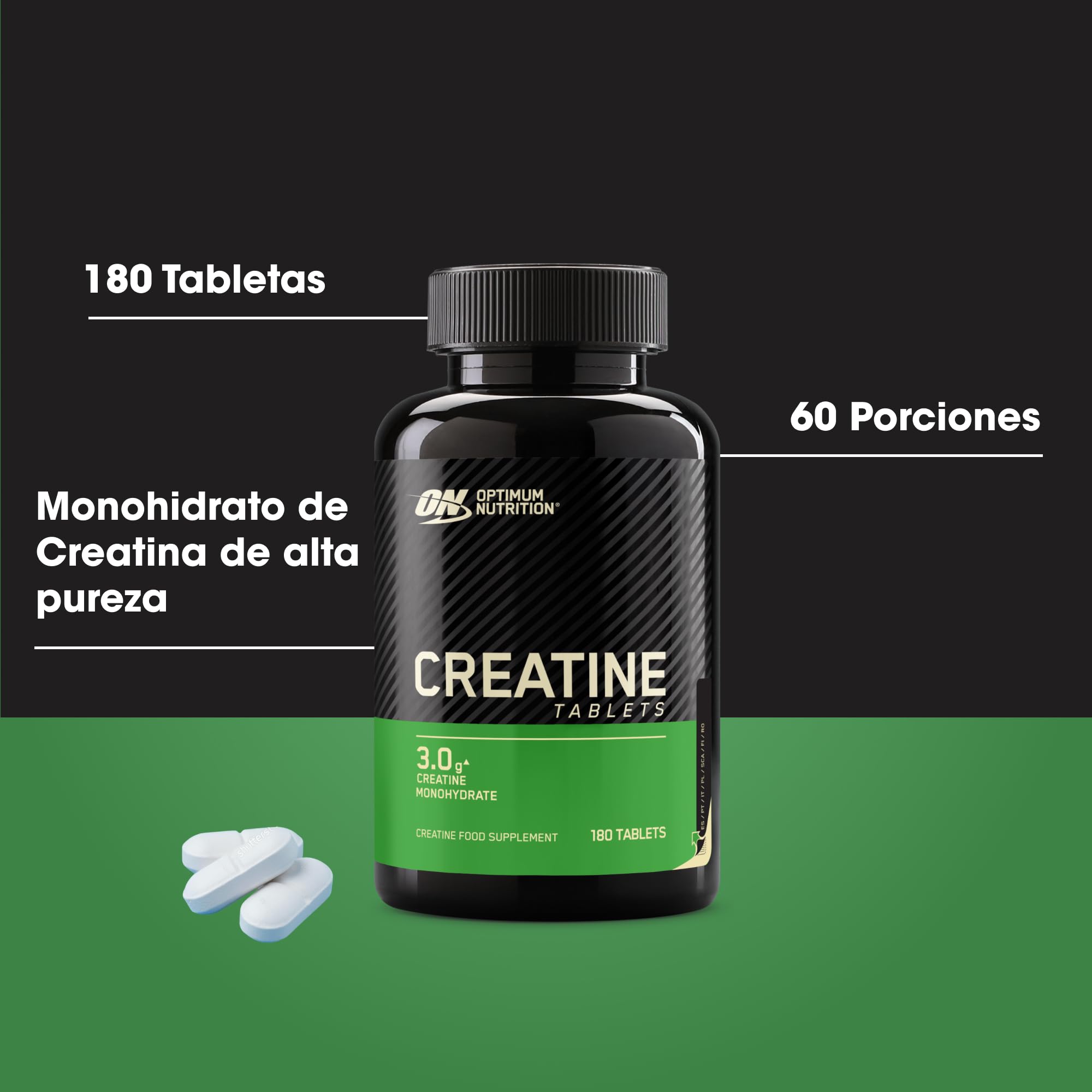 Optimum Nutrition Creatine – 3 g de Monohidrato de Creatina por Porción para Apoyar el Rendimiento durante el Entrenamiento de Alta Intensidad – 60 Raciones (180 Comprimidos)