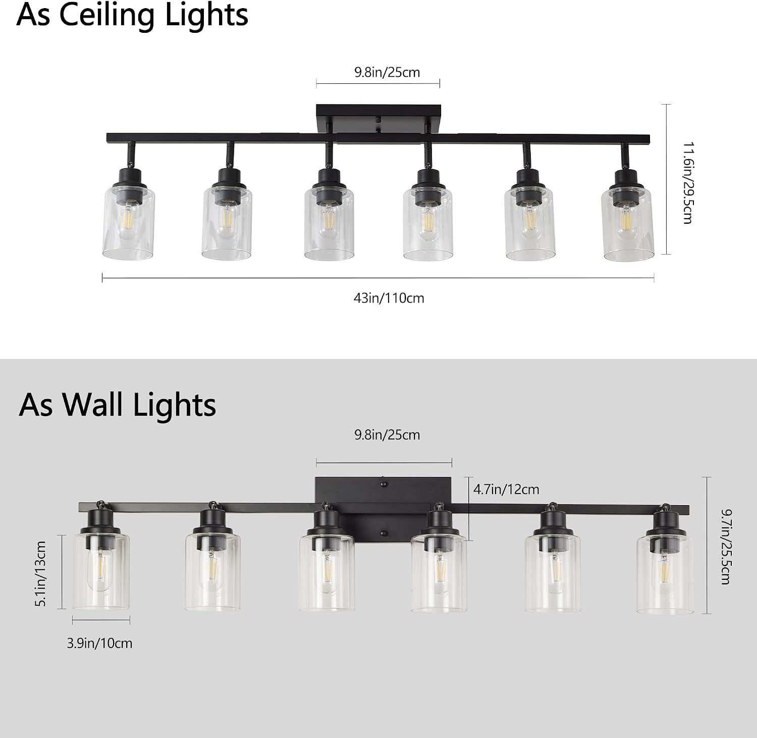 Black 6-Light Track Lighting Kit Rotatable Ceiling Track Lighting Fixtures with Clear Glass Shade for Kitchen Bathroom Hallway