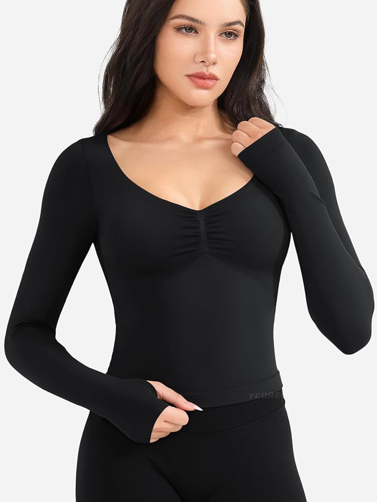 YEOREO Long Sleeve Workout Tops for Women Padded Deep V Neck Double Lined Impact Tops Agniee Slim Fit Gym Athletic Shirts
