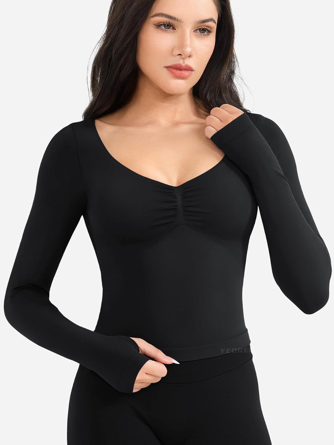 YEOREO Long Sleeve Workout Tops for Women Padded Deep V Neck Double Lined Impact Tops Agniee Slim Fit Gym Athletic Shirts - Image 3