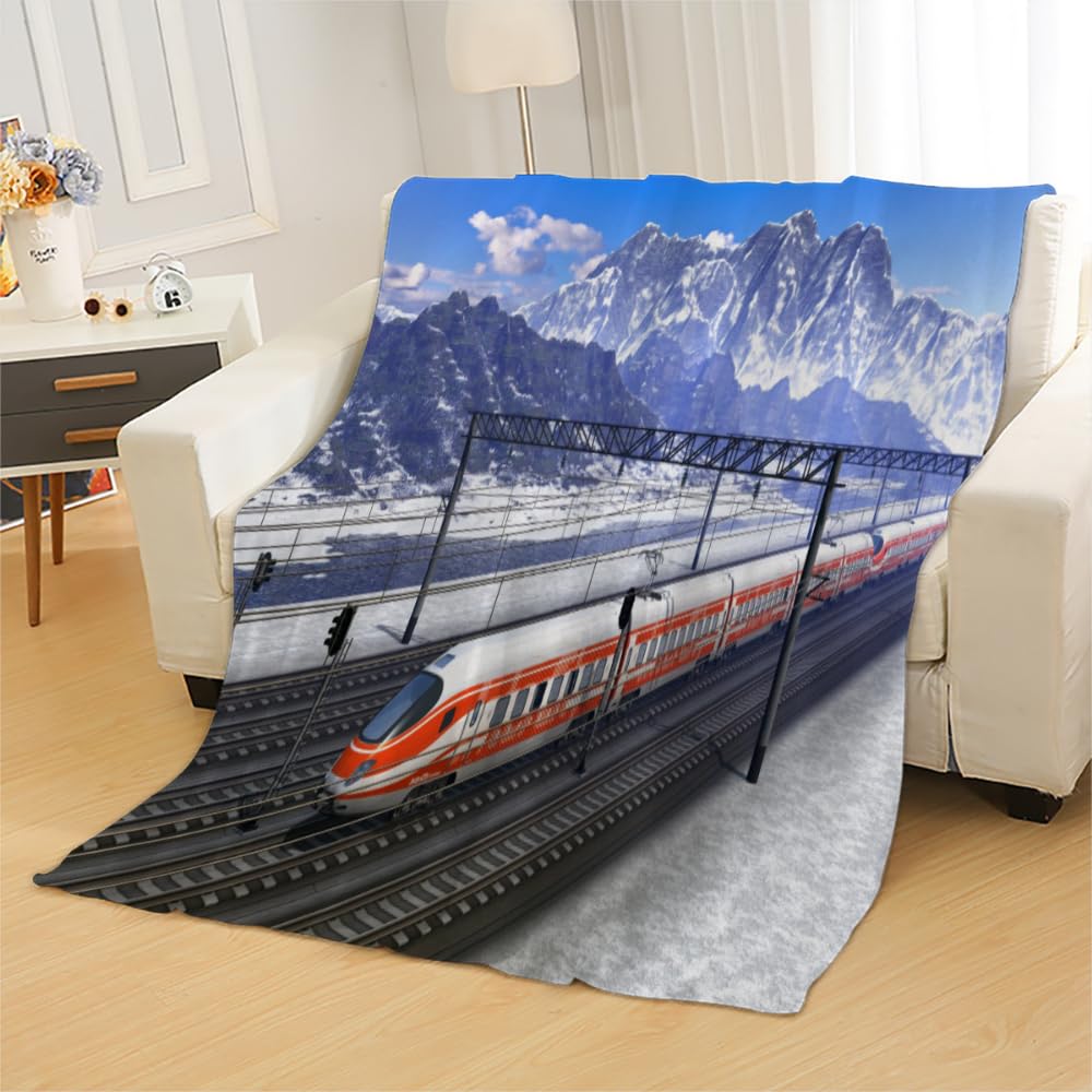 Kuscheldecke Erwachsene 3D Zug Flanelldecke Sherpa Fleecedecke Motiv Decke 150x200 cm Mädchen Jungen Schneeberg Weiche Microfaser Warmer Wohndecke Bettüberwurf Sofatdecke