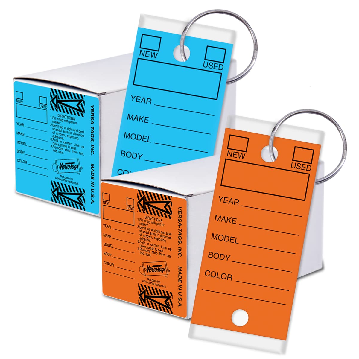 VERSA-TAGS Genuine Automotive Dealership Write-On Self-Laminating Key Tags – 250 Orange & 250 Blue Vehicle Lot Tags, Protection, Writable, Durable Labeling, Rings Included – Made in The USA