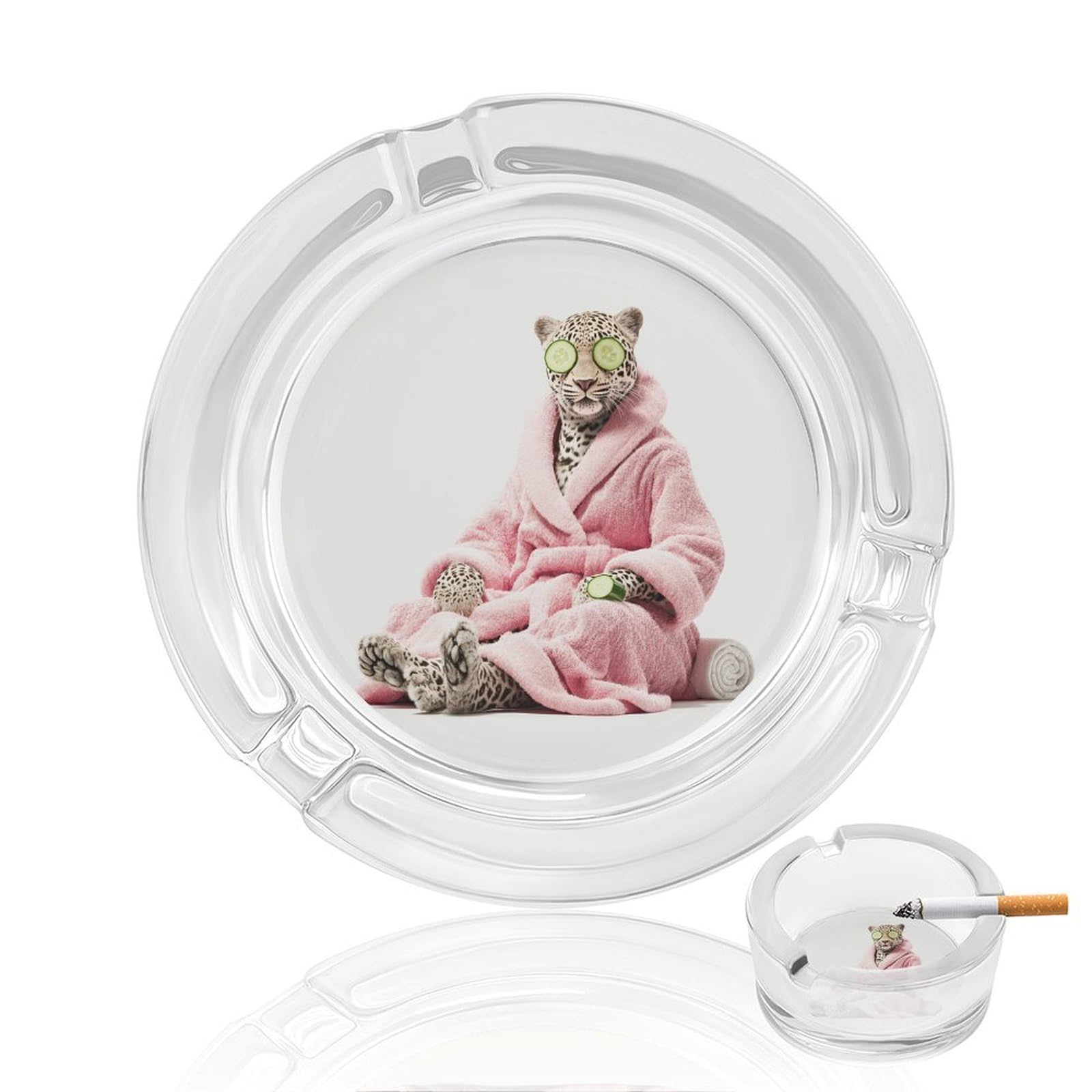 Leopard Wearing A Pink Bathrobe Glass Ashtray for Cigarettes Portable Decorative Ash Trays for Home Office Decor