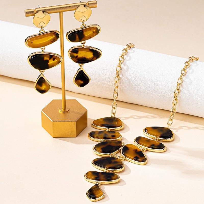 Leopard Earrings Necklace for Women Chunky Acrylic Leopard Irregular Geometry Oval Y- Pendant Necklace Boho Resin Statement Dangle Drop Earrings Trendy Party Jewelry Accessories for Women - Image 6