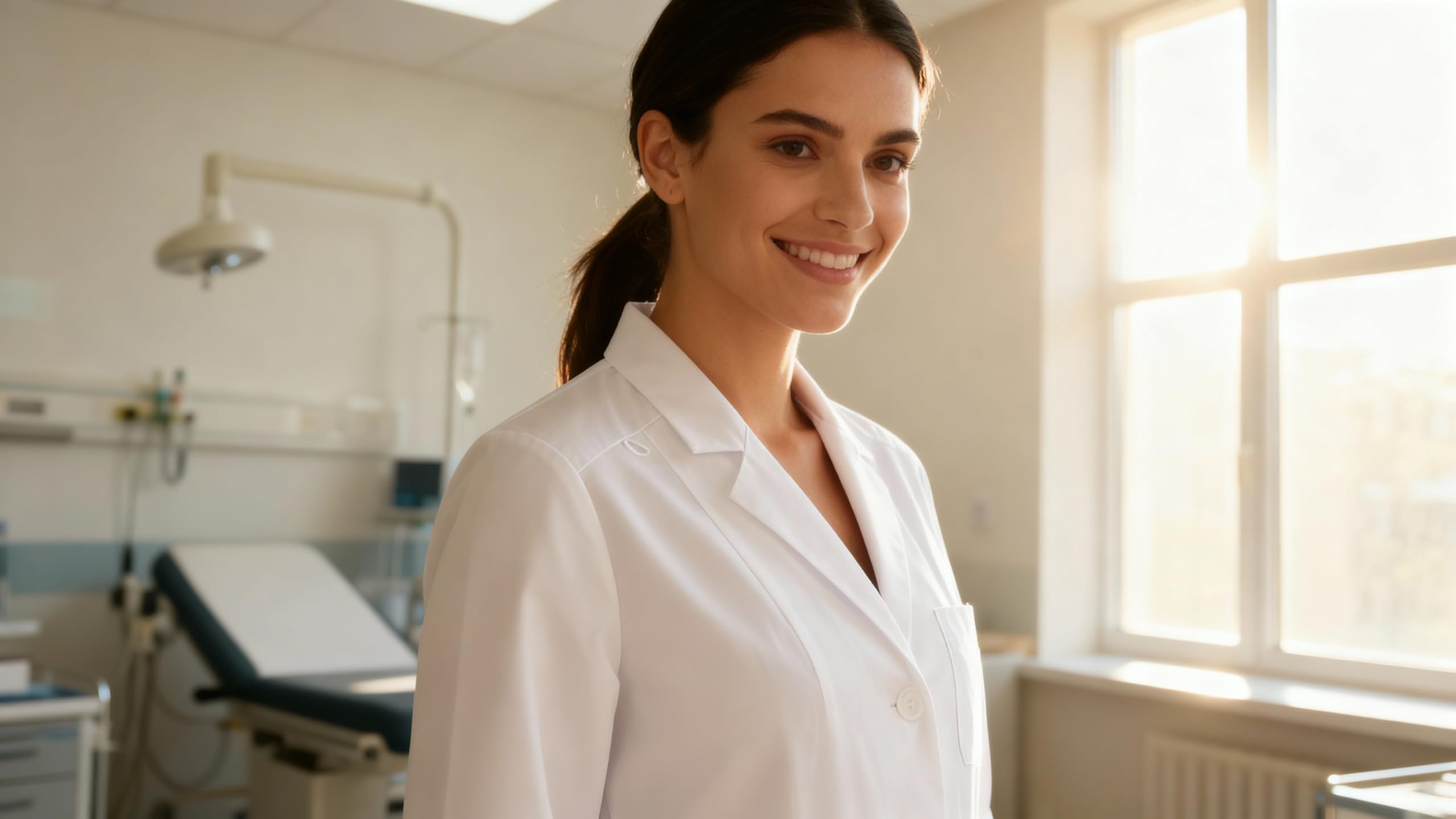 B-well Livia Camice medico corto da donna bianco – Camice da laboratorio medico con collo a risvolto, maniche lunghe, 3 tasche, abbottonatura – Cura & Clinica Abbigliamento da lavoro