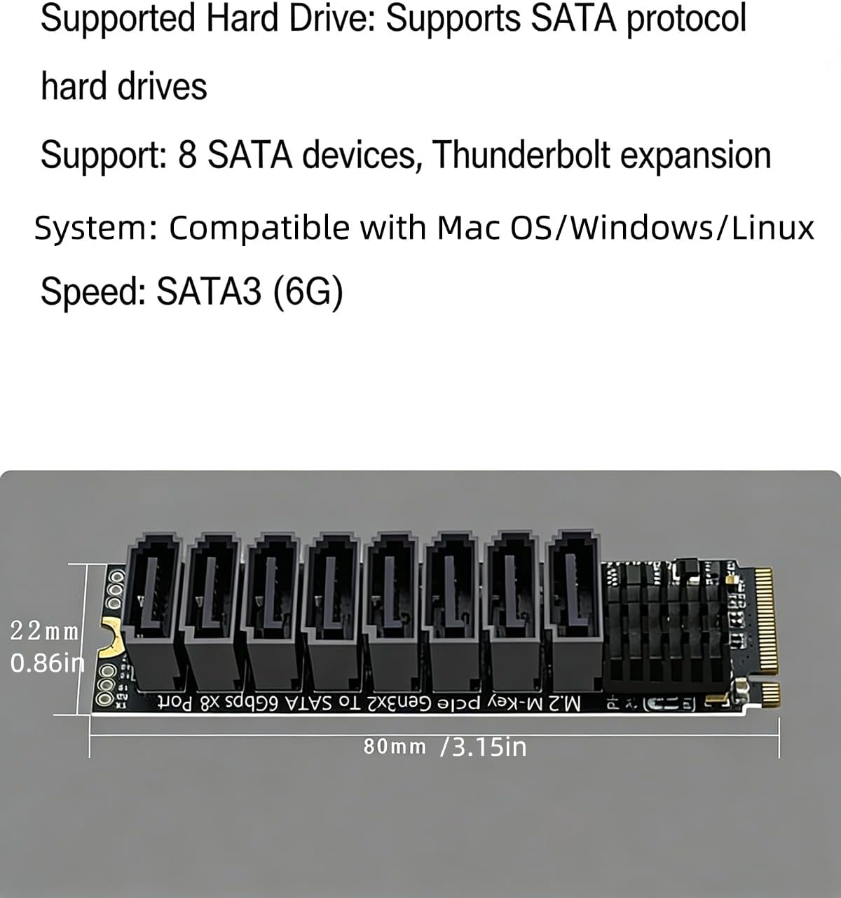 PH518 M.2 M Key to 8 Port SATA 3.0 Expansion Card PCIe 3.0 x2 Mkey Adapter for NAS and Storage Systems Compatible with Thunderbolt Enclosures NVMe SATA HDD SSD (PH518)