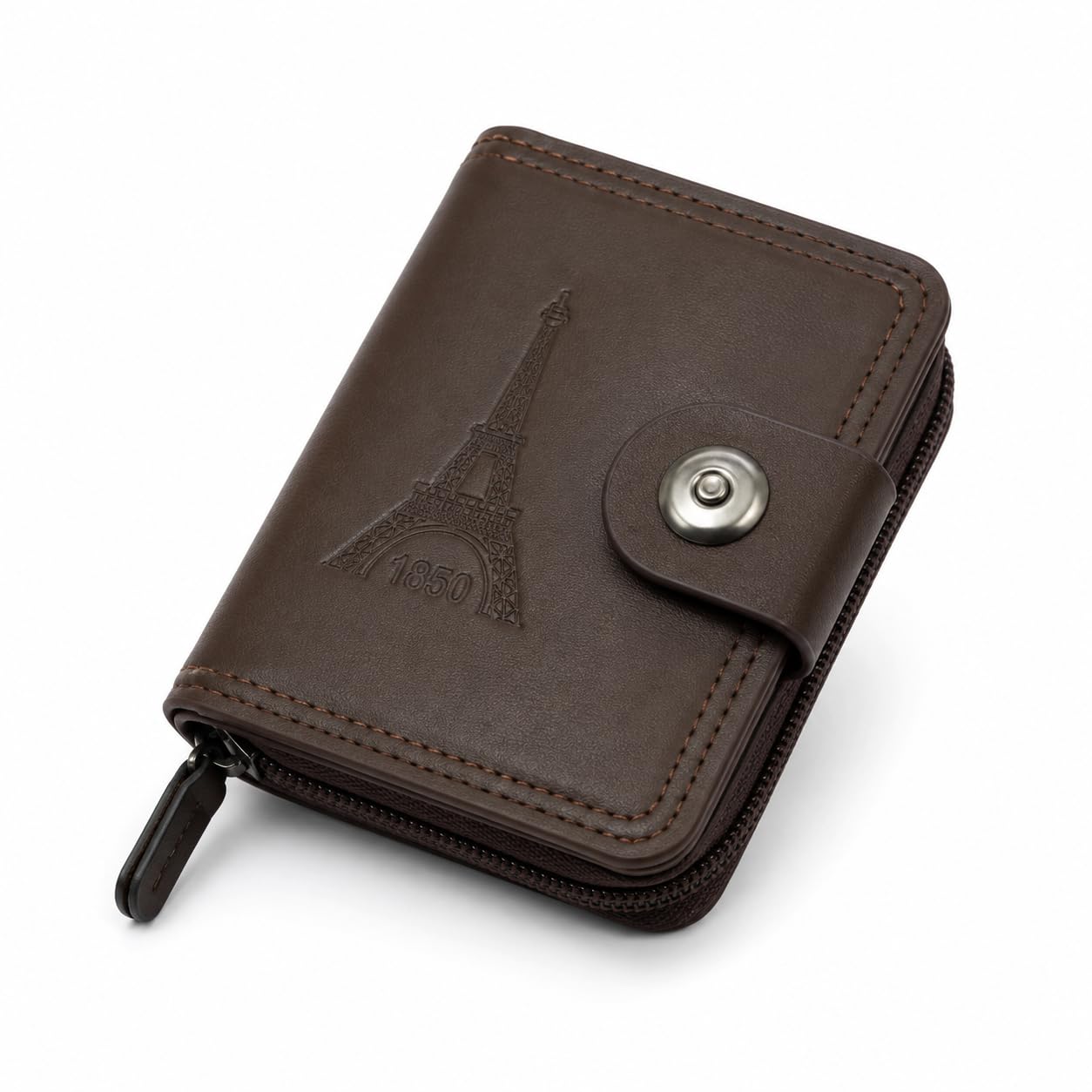 Faux Leather Zipper Card Holder Wallet with Snap Button | 15 Card Slots and 2 Cash Compartments | Large Capacity | Perfect for Men and Women (Brown)-image-10