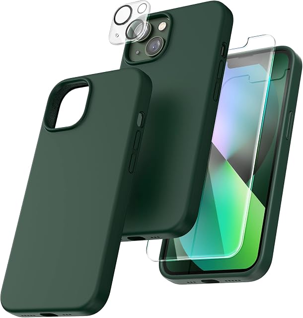 TOCOL 5 in 1 for iPhone 13 Case 6.1", with 2 Pack Tempered Glass Screen + Camera Lens Protector, Liquid Silicone Slim Shockproof Cover [Anti-Scratch] [Drop Protection], Alpine Green