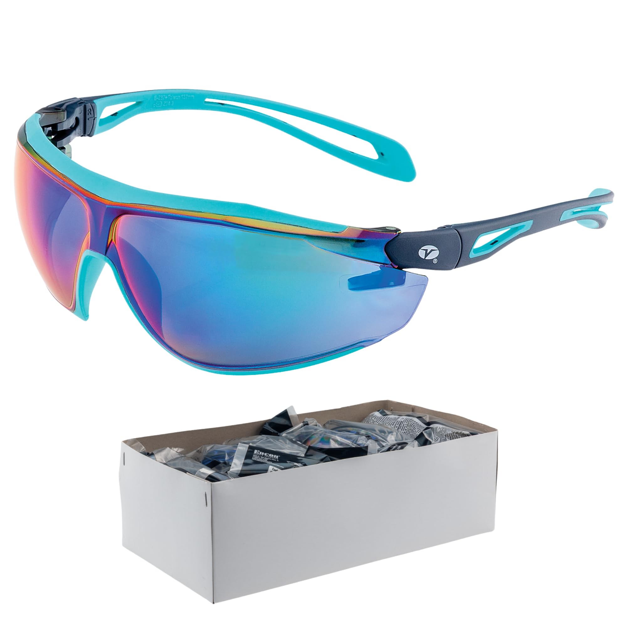 Veratti Encounter Safety Glasses, 12 Pack, Green Sky Mirror Lens, Anti-Fog, Dielectric Aqua Frame ANSI Z87.1