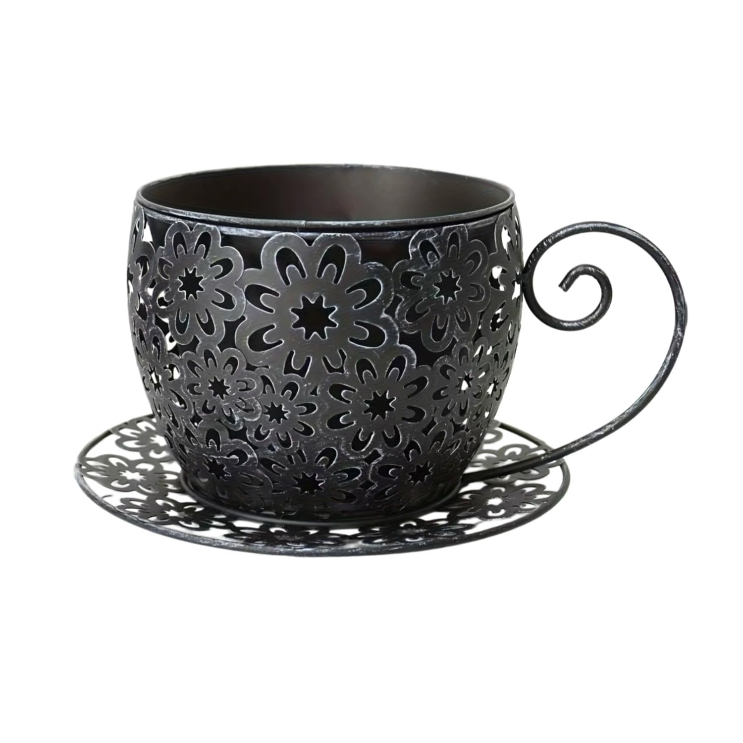 Easnea Rustic Iron Tea Cup Planters Coffee Cup Planter Teacup Flower Pot Garden Planter Vintage Succulent Plant Holder with Saucer, Funny Gardening Planter for Indoor Outdoor Use, Black