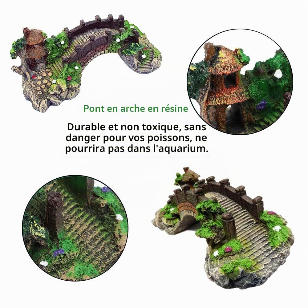 Décoration pour aquarium avec plantes en résine et pont en arc, lot de 12 plantes en plastique pour aquarium et pavillon décoratif pour aquarium en forme de pont pour décoration de bac à