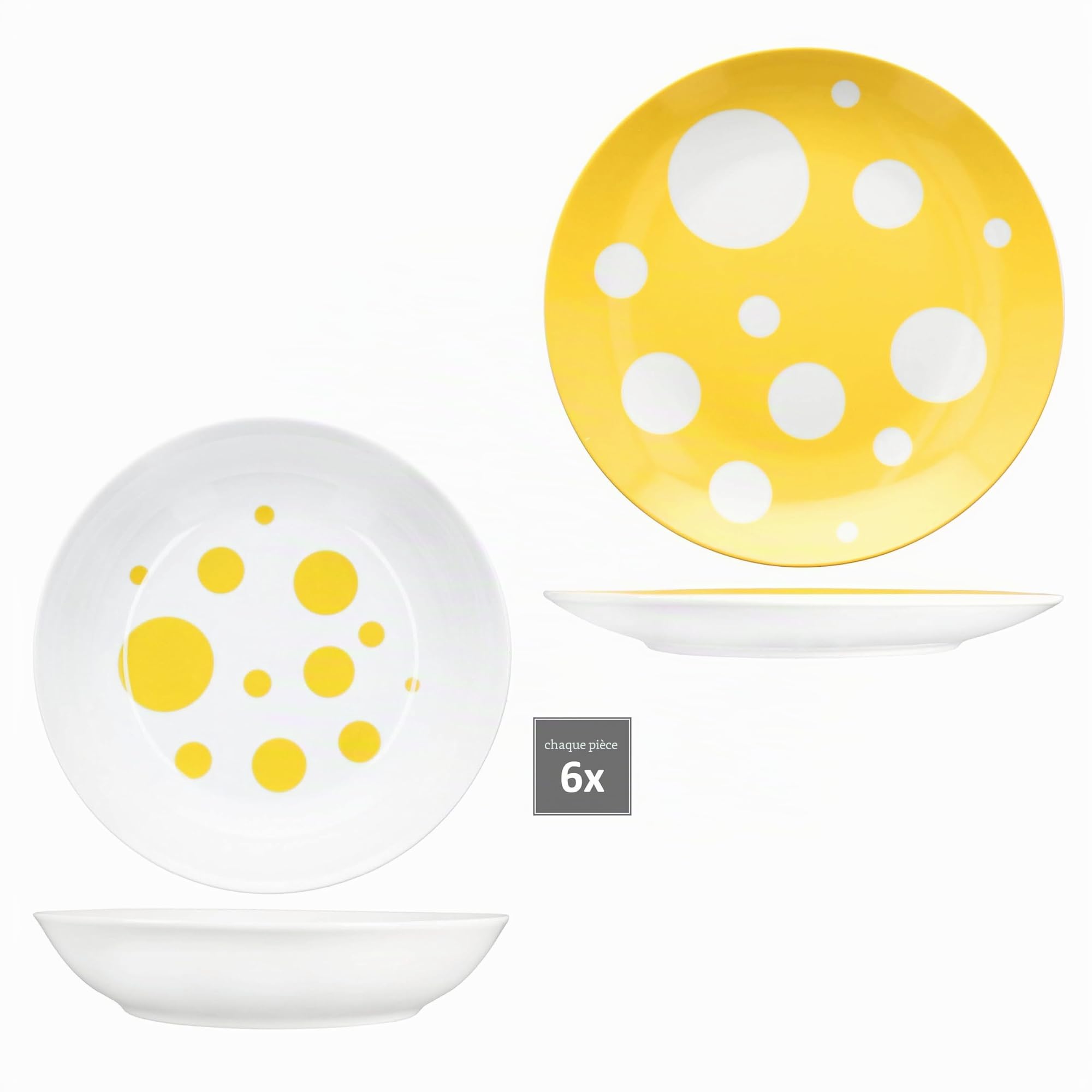 MamboCat Pula Service de table jaune 12 pièces I Vaisselle en porcelaine blanche à pois pour 6 personnes I 6 assiettes creuses & 6 assiettes plates pour petit-déjeuner, déjeuner et dîner