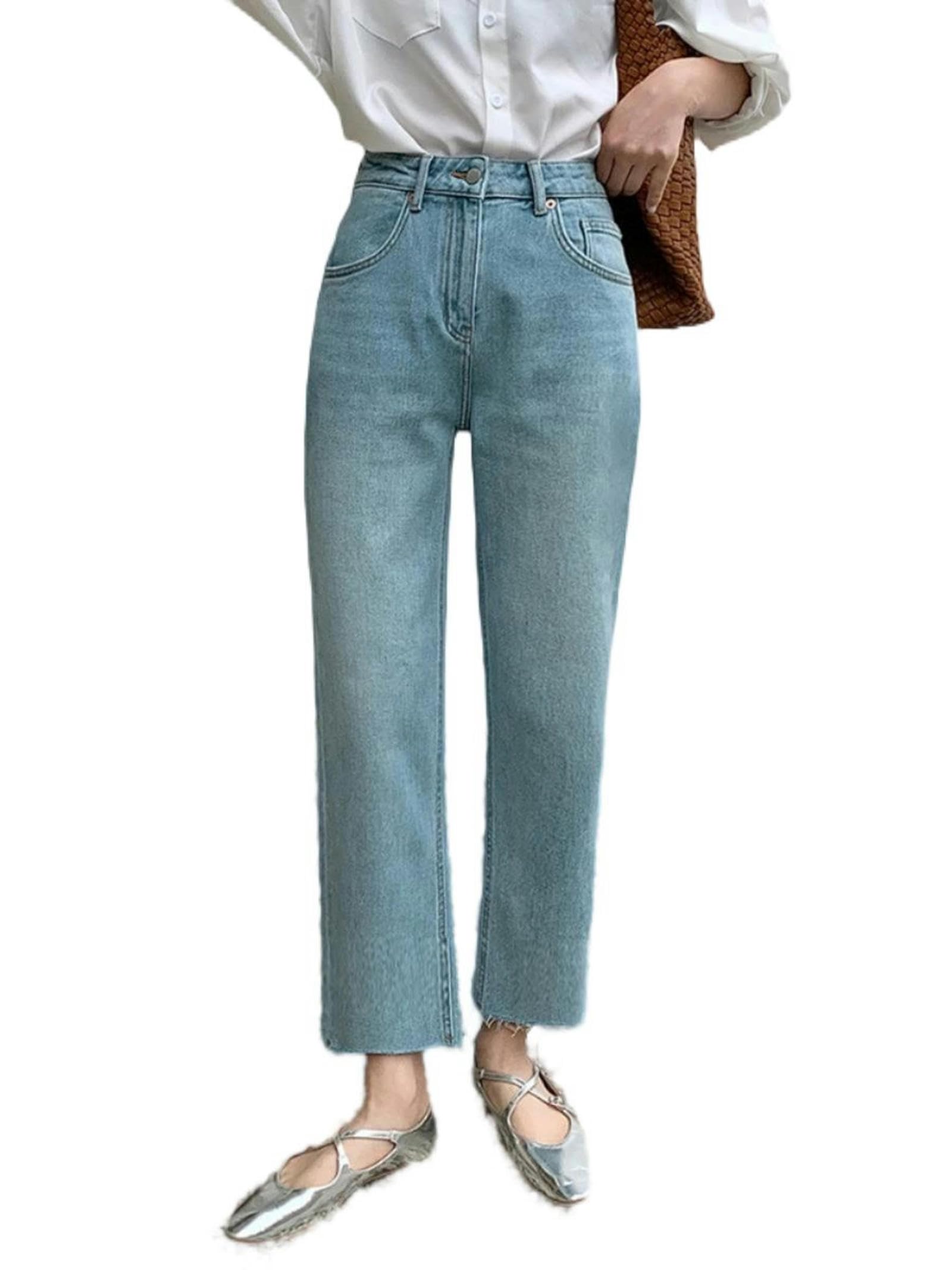 Jean taille haute bleu élégant coupe droite pour vos soirées d'été