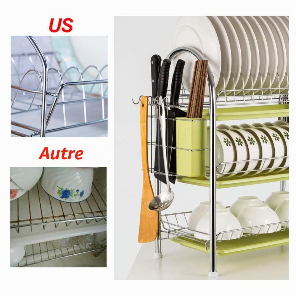 Egouttoir à Vaisselles 3 Etage Egouttoir Vaisselle avec 3 Bacs d’égouttement Egouttoir Vaisselle INOX Ne Rouille Pas pour Assiettes, Verres, Tasses, Couverts Égouttoirs/A