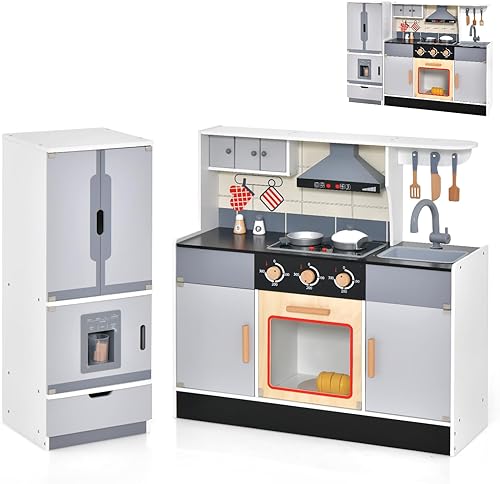 Miniatura 1 de HONEY JOY Juego de cocina para niños, cocina modular de madera de 2 piezas para niños pequeños y refrigerador con máquina de hielo, campana