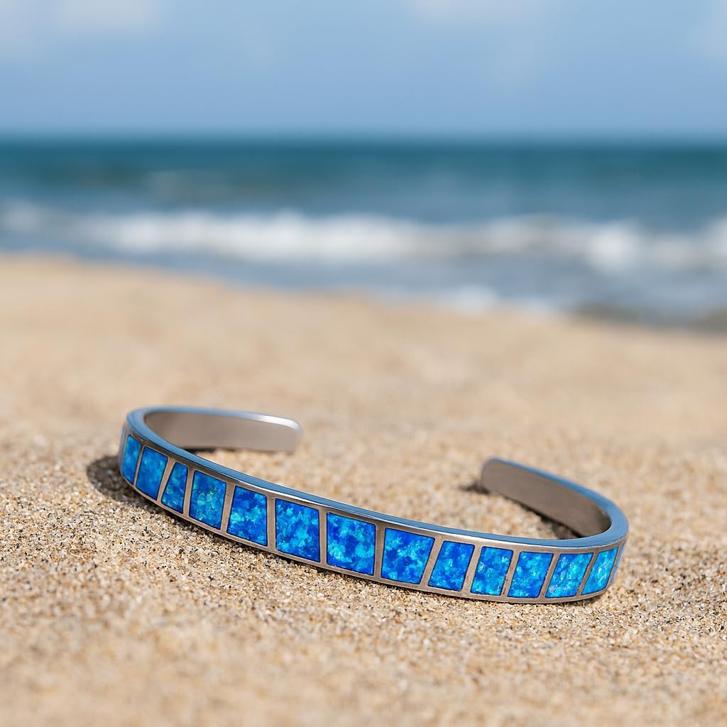 Blue Fire Opal Cuff Bracelet for Women – Sterling Silver Adjustable Bangle, Synthetic Opal Inlay, Boho Statement Jewelry Gift - Image 3