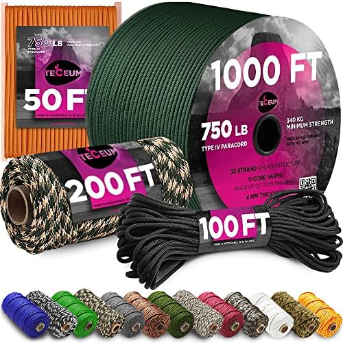 TECEUM Paracord Type IV 750 lb Black –1000 ft – 4mm – 100% Nylon –Strong Tactical MIL–SPEC Parachute Cord –Survival Rope Emergency para Cord –11 Strands Core –EDC Camping Hiking Military Gear - 016a