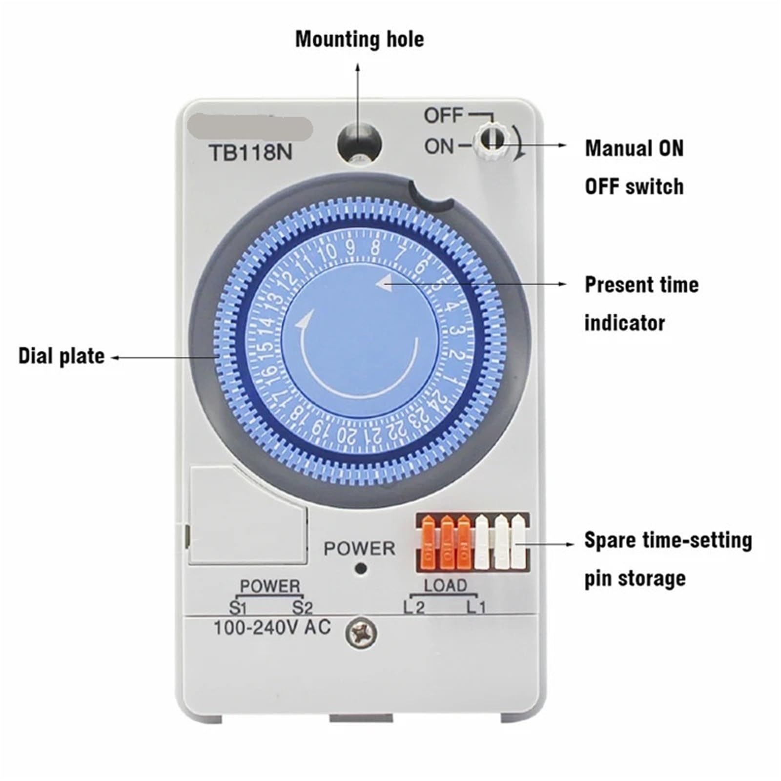 Interruptor Temporizador mecánico TB118N de 100-240 V CA, 50-60 Hz, for riel DIN, Resistente al Agua, con Cubierta Protectora de plástico Transparente y batería.