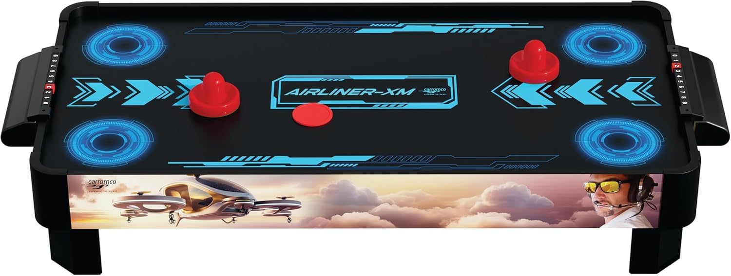Carromco Airliner-XM Air Hockey, Jeu de Table avec Ventilateur et Moteur pour 2 Joueurs, 4 poussoirs et 4 palets Inclus