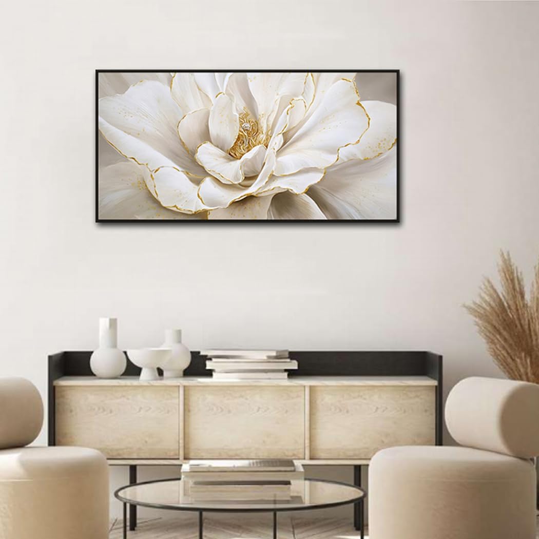 Framed Peony Floral Wall Art, White Dahlias Flower With Gold Accents Print Canvas Artwork for Beige Living Room Bedroom Office Decor, 20 x 40 Inch