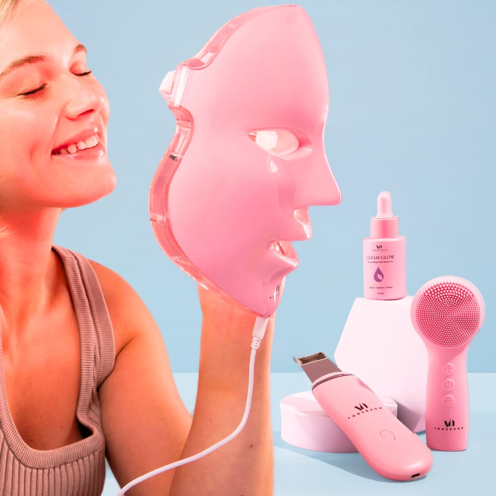 VogueNow LED Face Mask Light Therapy Premium Spa Kit (4 Pcs) - With Ultrasonic Scrubber, Ultrasonic Brush & Green Tea Serum - 7 Colors (Blue & Red) Light Therapy Mask - Christmas Gifts for Women