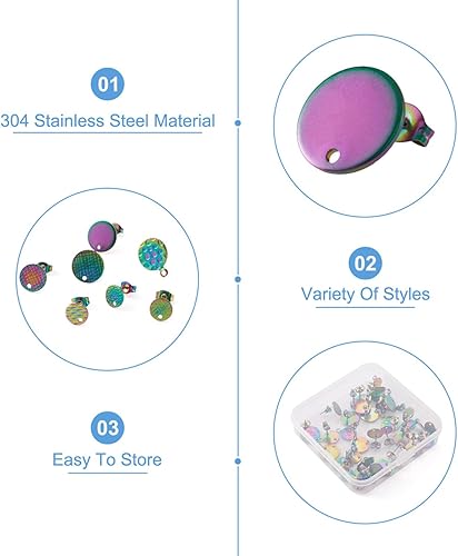 Miniatura 4 de Mega Pet 36 piezas de aretes de acero inoxidable 304 con bucle, colores arco iris, aretes redondos planos con parte trasera de aretes de 8/10/0.472